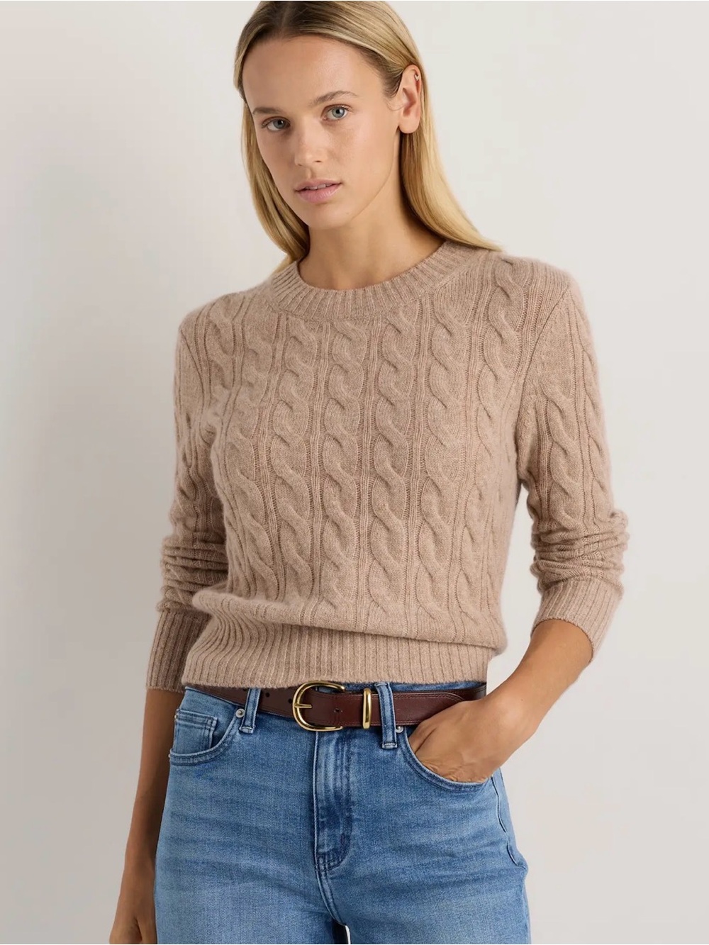 Quince Mongolian Cashmere Shrunken Cable Crewneck Sweater Oatmeal